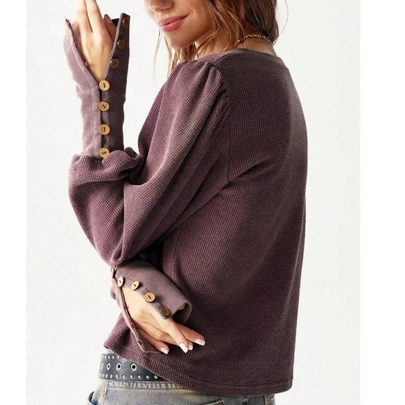 Solid Thermal Knit Puff Button Cuff Long Sleeve Top - Picture 12 of 14